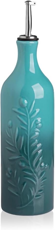 Sweejar Large Olive Oil Dispenser Bottle with Spout, 24 Oz Ceramic Oil Dispenser for Kitchen, Relief Opaque Cruet, Container for Cooking, EVOO, Vinegar, Pack of 1 (Light Blue)