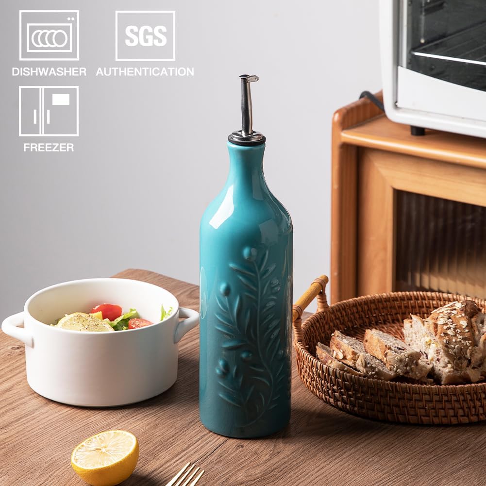 Sweejar Large Olive Oil Dispenser Bottle with Spout, 24 Oz Ceramic Oil Dispenser for Kitchen, Relief Opaque Cruet, Container for Cooking, EVOO, Vinegar, Pack of 1 (Light Blue)