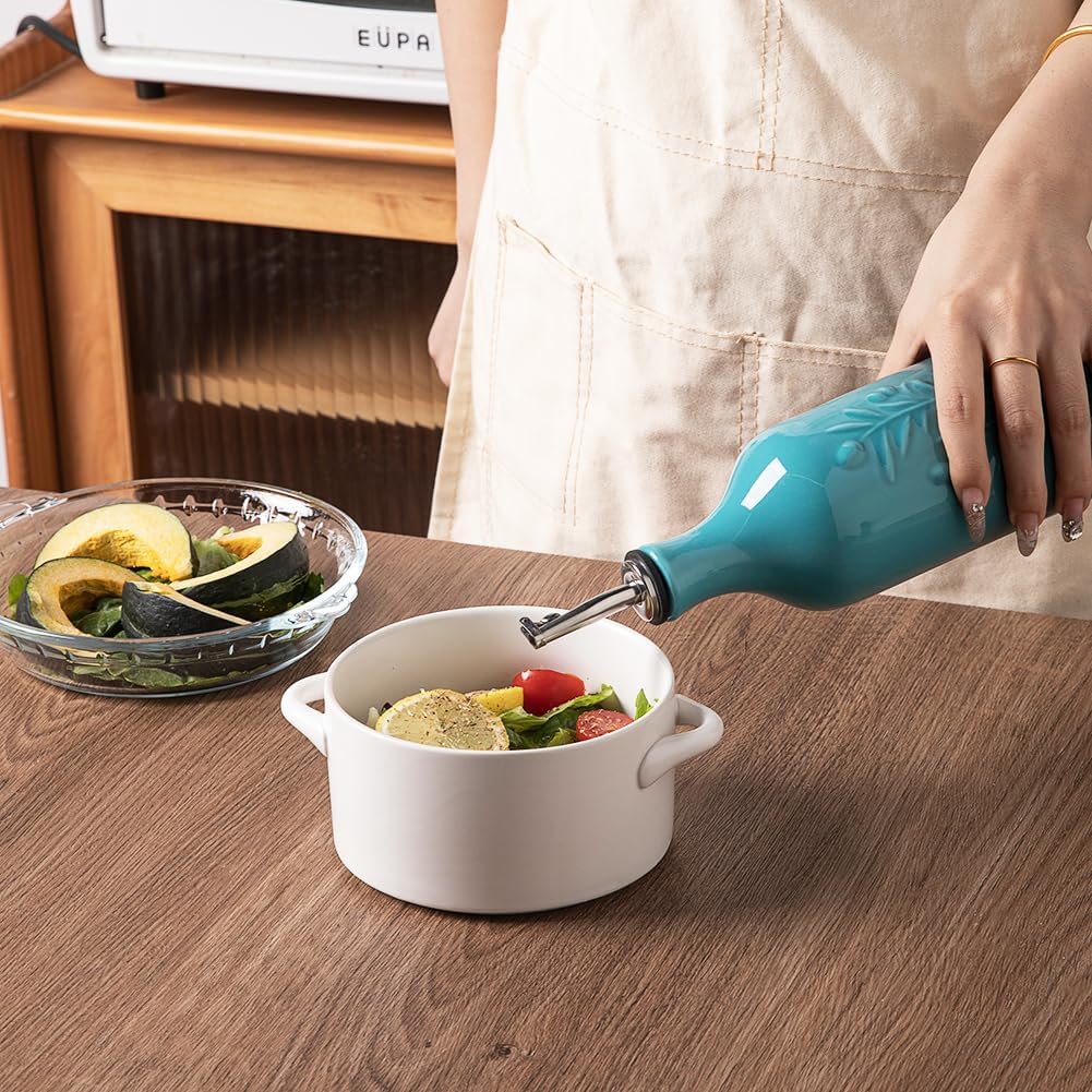 Sweejar Large Olive Oil Dispenser Bottle with Spout, 24 Oz Ceramic Oil Dispenser for Kitchen, Relief Opaque Cruet, Container for Cooking, EVOO, Vinegar, Pack of 1 (Light Blue)