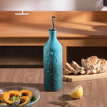 Sweejar Large Olive Oil Dispenser Bottle with Spout, 24 Oz Ceramic Oil Dispenser for Kitchen, Relief Opaque Cruet, Container for Cooking, EVOO, Vinegar, Pack of 1 (Light Blue)