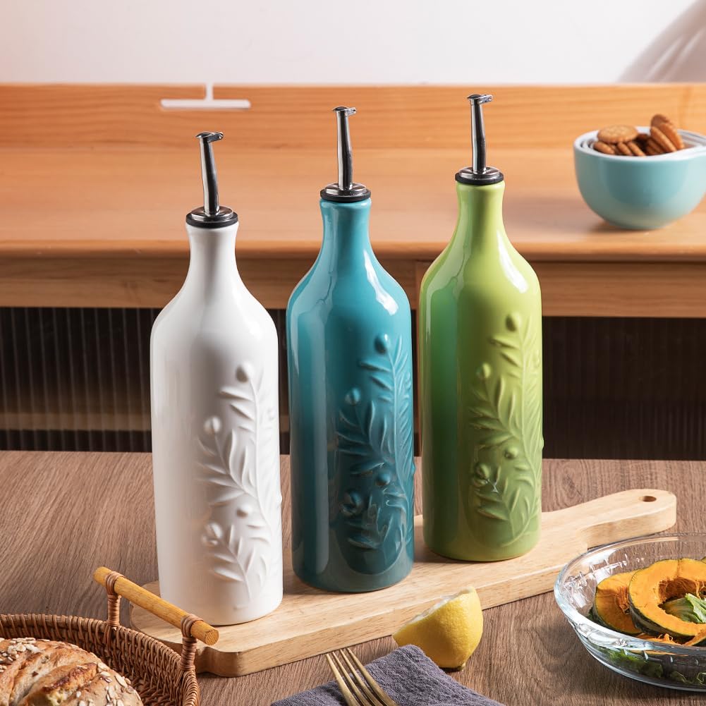 Sweejar Large Olive Oil Dispenser Bottle with Spout, 24 Oz Ceramic Oil Dispenser for Kitchen, Relief Opaque Cruet, Container for Cooking, EVOO, Vinegar, Pack of 1 (Light Blue)