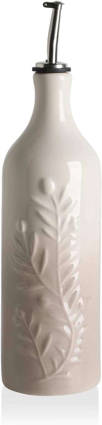 Sweejar Large Olive Oil Dispenser Bottle with Spout, 24 Oz Ceramic Oil Dispenser for Kitchen, Relief Opaque Cruet, Container for Cooking, EVOO, Vinegar, Pack of 1 (Light Blue)