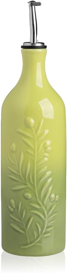 Sweejar Large Olive Oil Dispenser Bottle with Spout, 24 Oz Ceramic Oil Dispenser for Kitchen, Relief Opaque Cruet, Container for Cooking, EVOO, Vinegar, Pack of 1 (Light Blue)