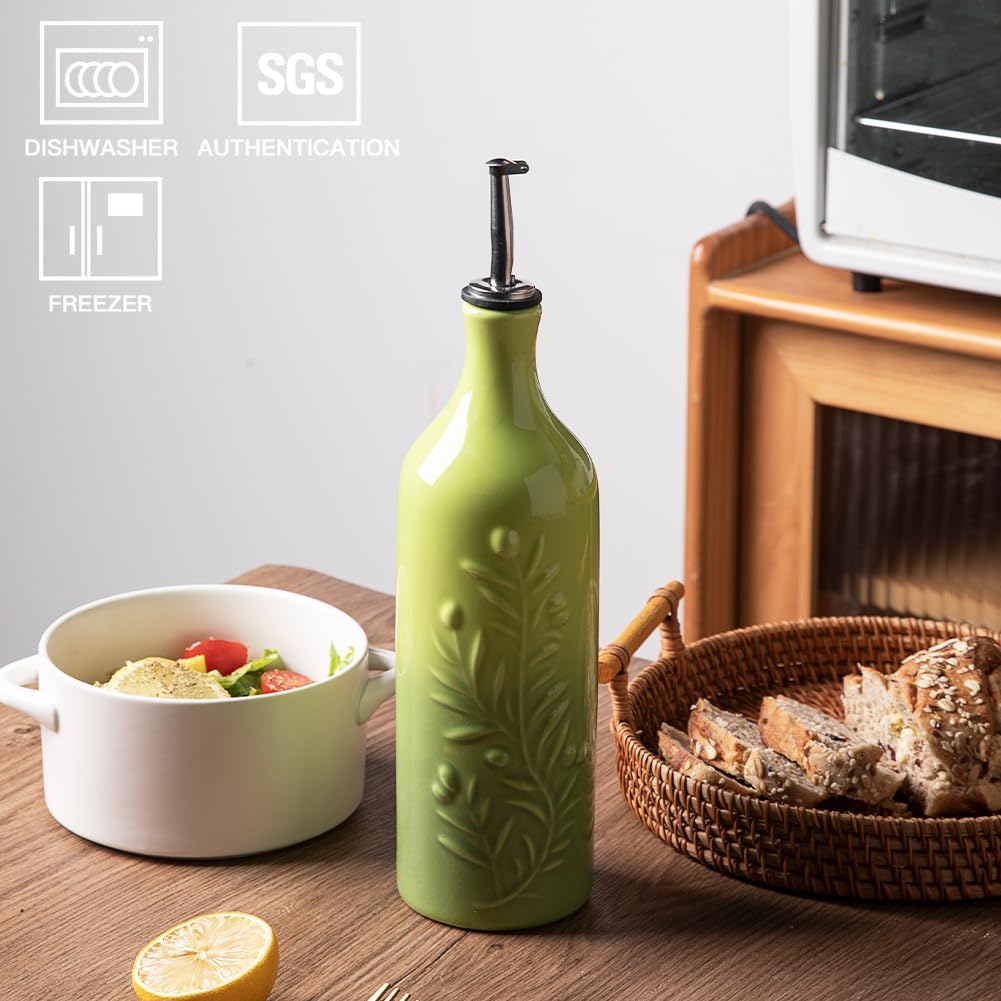 Sweejar Large Olive Oil Dispenser Bottle with Spout, 24 Oz Ceramic Oil Dispenser for Kitchen, Relief Opaque Cruet, Container for Cooking, EVOO, Vinegar, Pack of 1 (Light Blue)