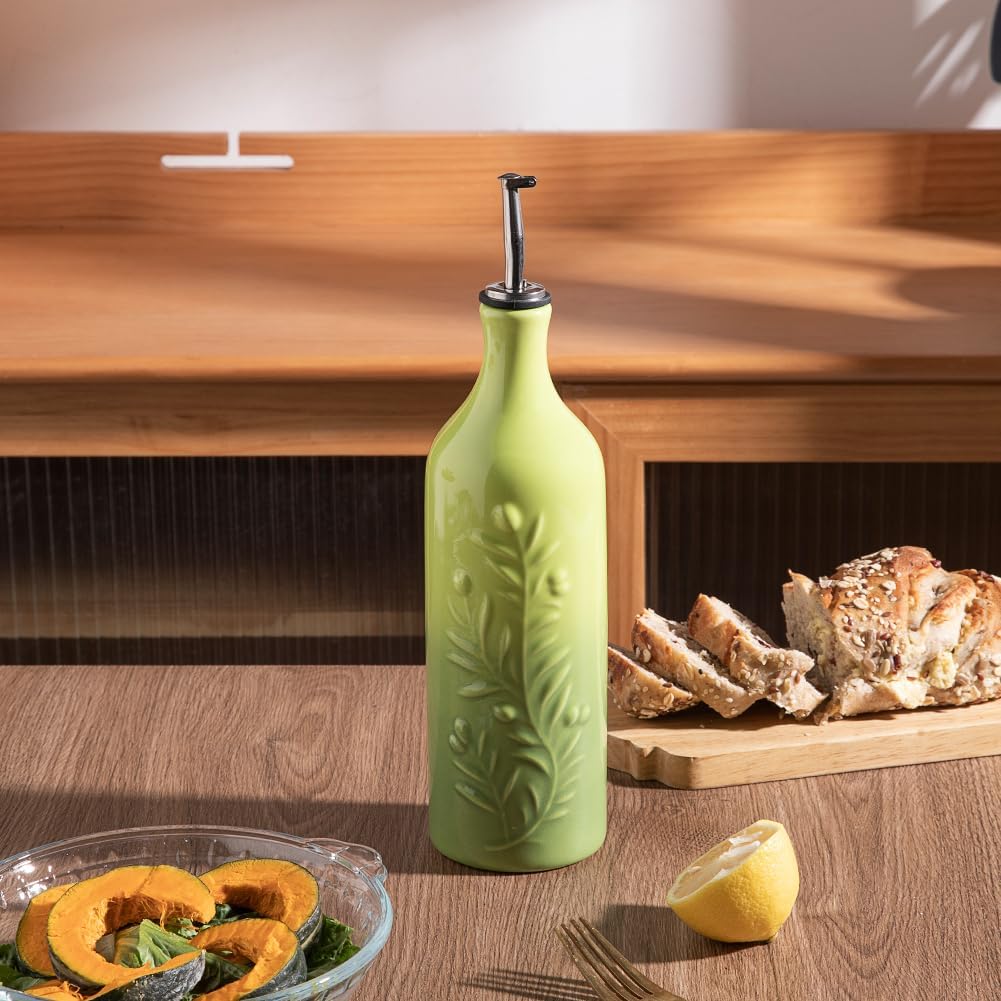 Sweejar Large Olive Oil Dispenser Bottle with Spout, 24 Oz Ceramic Oil Dispenser for Kitchen, Relief Opaque Cruet, Container for Cooking, EVOO, Vinegar, Pack of 1 (Light Blue)