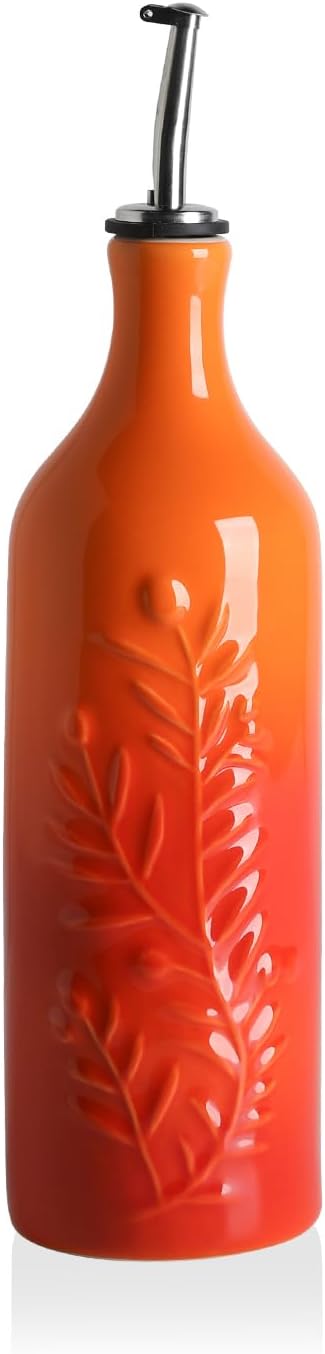 Sweejar Large Olive Oil Dispenser Bottle with Spout, 24 Oz Ceramic Oil Dispenser for Kitchen, Relief Opaque Cruet, Container for Cooking, EVOO, Vinegar, Pack of 1 (Light Blue)