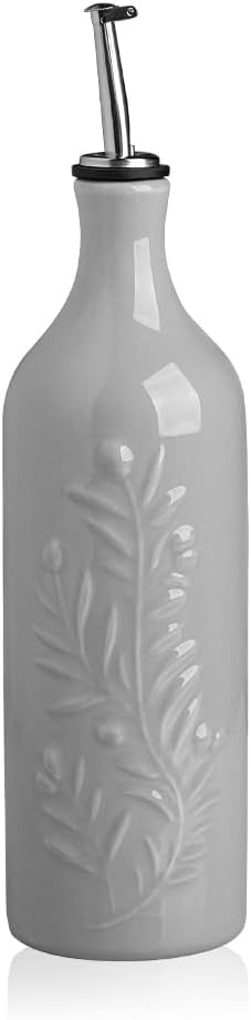 Sweejar Large Olive Oil Dispenser Bottle with Spout, 24 Oz Ceramic Oil Dispenser for Kitchen, Relief Opaque Cruet, Container for Cooking, EVOO, Vinegar, Pack of 1 (Light Blue)