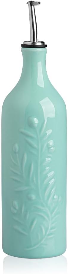 Sweejar Large Olive Oil Dispenser Bottle with Spout, 24 Oz Ceramic Oil Dispenser for Kitchen, Relief Opaque Cruet, Container for Cooking, EVOO, Vinegar, Pack of 1 (Light Blue)