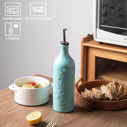 Sweejar Large Olive Oil Dispenser Bottle with Spout, 24 Oz Ceramic Oil Dispenser for Kitchen, Relief Opaque Cruet, Container for Cooking, EVOO, Vinegar, Pack of 1 (Light Blue)