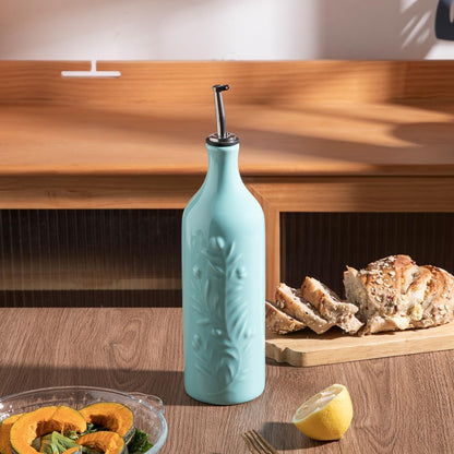 Sweejar Large Olive Oil Dispenser Bottle with Spout, 24 Oz Ceramic Oil Dispenser for Kitchen, Relief Opaque Cruet, Container for Cooking, EVOO, Vinegar, Pack of 1 (Light Blue)