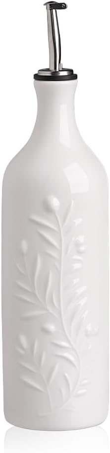 Sweejar Large Olive Oil Dispenser Bottle with Spout, 24 Oz Ceramic Oil Dispenser for Kitchen, Relief Opaque Cruet, Container for Cooking, EVOO, Vinegar, Pack of 1 (Light Blue)