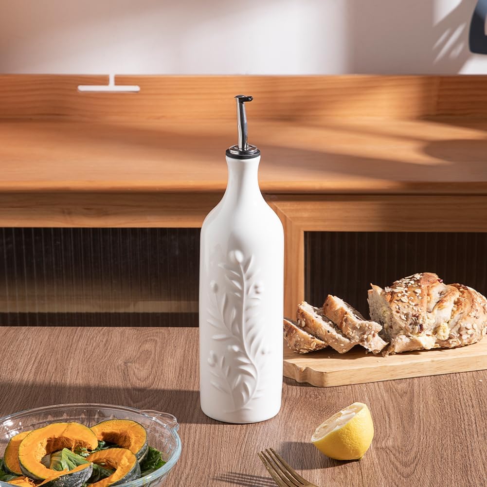 Sweejar Large Olive Oil Dispenser Bottle with Spout, 24 Oz Ceramic Oil Dispenser for Kitchen, Relief Opaque Cruet, Container for Cooking, EVOO, Vinegar, Pack of 1 (Light Blue)