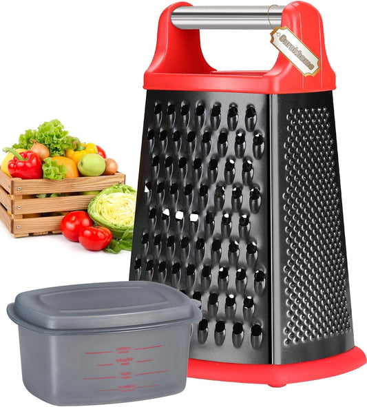 Cheese Grater with Handle, Stainless Steel Box Grater, 4 Side Kitchen Vegetable Shredder Slicer Zester with Container for Parmesan, Cabbage, Ginger, Lemon, Chocolate, Coconut (Red and Black)