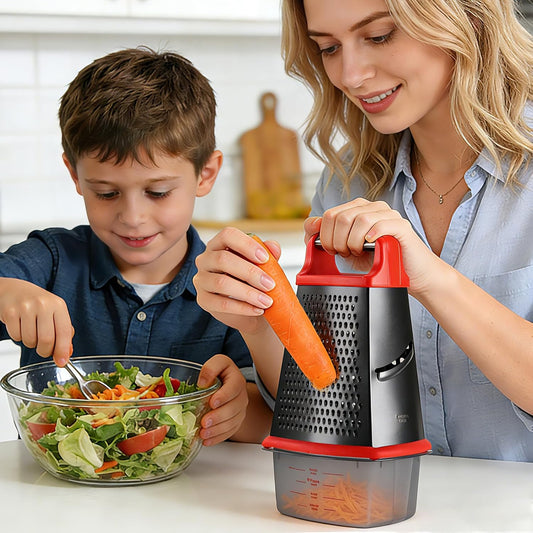 Cheese Grater with Handle, Stainless Steel Box Grater, 4 Side Kitchen Vegetable Shredder Slicer Zester with Container for Parmesan, Cabbage, Ginger, Lemon, Chocolate, Coconut (Red and Black)