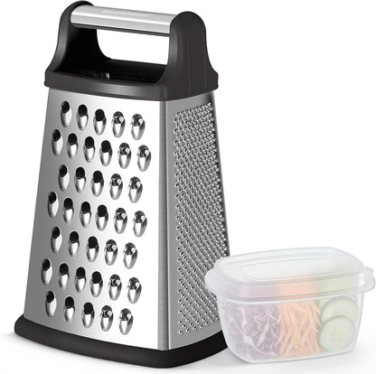 Cheese Grater with Handle, Stainless Steel Box Grater, 4 Side Kitchen Vegetable Shredder Slicer Zester with Container for Parmesan, Cabbage, Ginger, Lemon, Chocolate, Coconut (Red and Black)