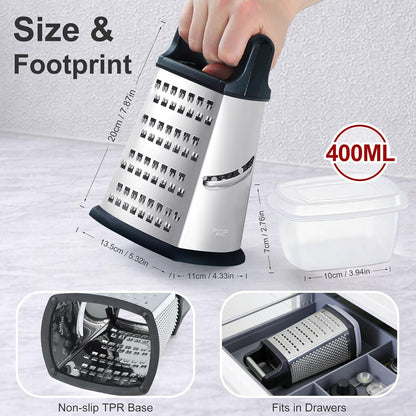 Cheese Grater with Handle, Stainless Steel Box Grater, 4 Side Kitchen Vegetable Shredder Slicer Zester with Container for Parmesan, Cabbage, Ginger, Lemon, Chocolate, Coconut (Red and Black)