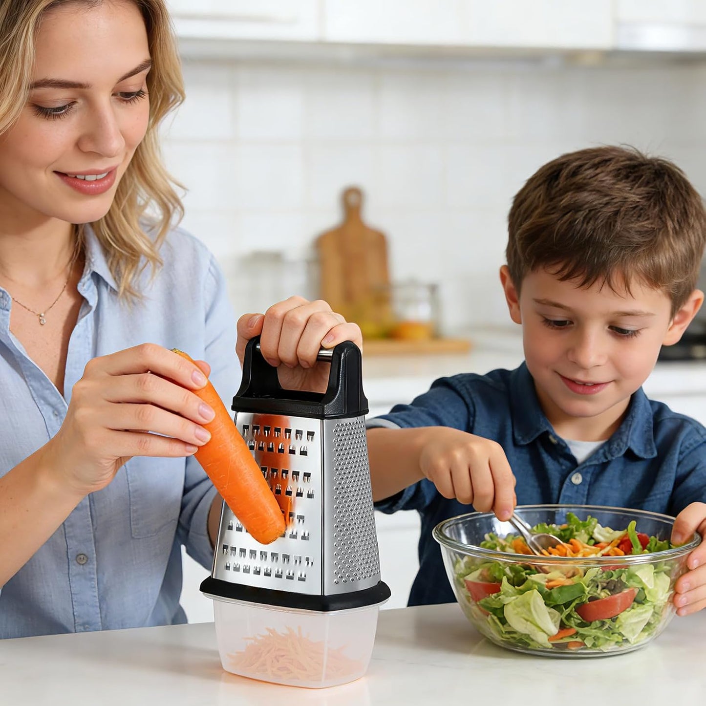 Cheese Grater with Handle, Stainless Steel Box Grater, 4 Side Kitchen Vegetable Shredder Slicer Zester with Container for Parmesan, Cabbage, Ginger, Lemon, Chocolate, Coconut (Red and Black)