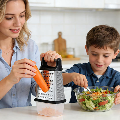 Cheese Grater with Handle, Stainless Steel Box Grater, 4 Side Kitchen Vegetable Shredder Slicer Zester with Container for Parmesan, Cabbage, Ginger, Lemon, Chocolate, Coconut (Red and Black)