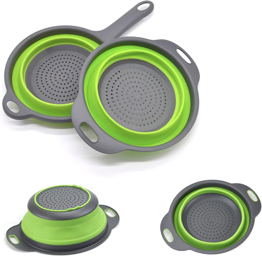 Three-Piece Collapsible Strainer - Made of Silicone with a Plastic Handle, Used for Draining Pasta, Vegetables, and Fruits - Space-Saving Kitchen Straining Basket (green)