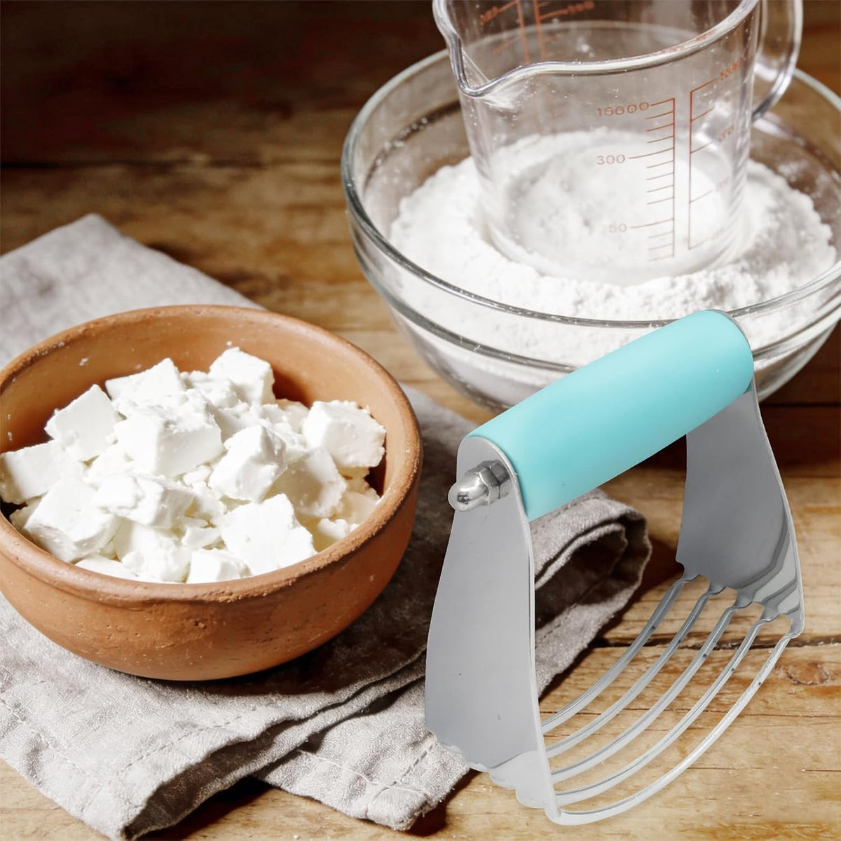 Pastry Shortening Blender Cutter, Stainless Steel, Turquoise | Dough Masher for Butter Biscuit, Baking Kneading Dough, For Flakier and Fluffier Pie Crusts/Almond