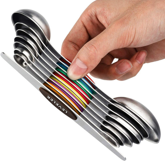 Magnetic Measuring Spoons Set Stainless Steel Dual Sided Measuring Spoons | Stackable Teaspoons Tablespoons for Measuring Dry and Liquid Ingredients