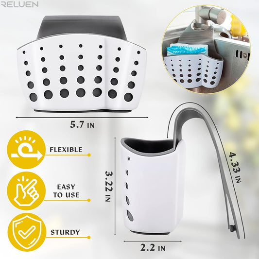 Hanging Sponge Holder for Kitchen Sink, Over Faucet Silicone Caddy | Adjustable Strap Wraps Most Taps While Drain Holes Let Sponges Dry Fast - White Silicone Wipes Clean, No Suction Cups Needed