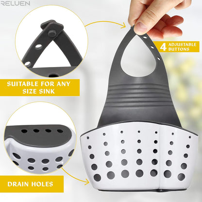 Hanging Sponge Holder for Kitchen Sink, Over Faucet Silicone Caddy | Adjustable Strap Wraps Most Taps While Drain Holes Let Sponges Dry Fast - White Silicone Wipes Clean, No Suction Cups Needed