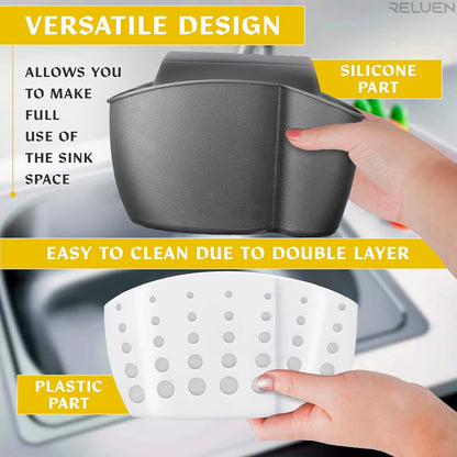 Hanging Sponge Holder for Kitchen Sink, Over Faucet Silicone Caddy | Adjustable Strap Wraps Most Taps While Drain Holes Let Sponges Dry Fast - White Silicone Wipes Clean, No Suction Cups Needed