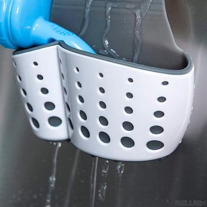 Hanging Sponge Holder for Kitchen Sink, Over Faucet Silicone Caddy | Adjustable Strap Wraps Most Taps While Drain Holes Let Sponges Dry Fast - White Silicone Wipes Clean, No Suction Cups Needed