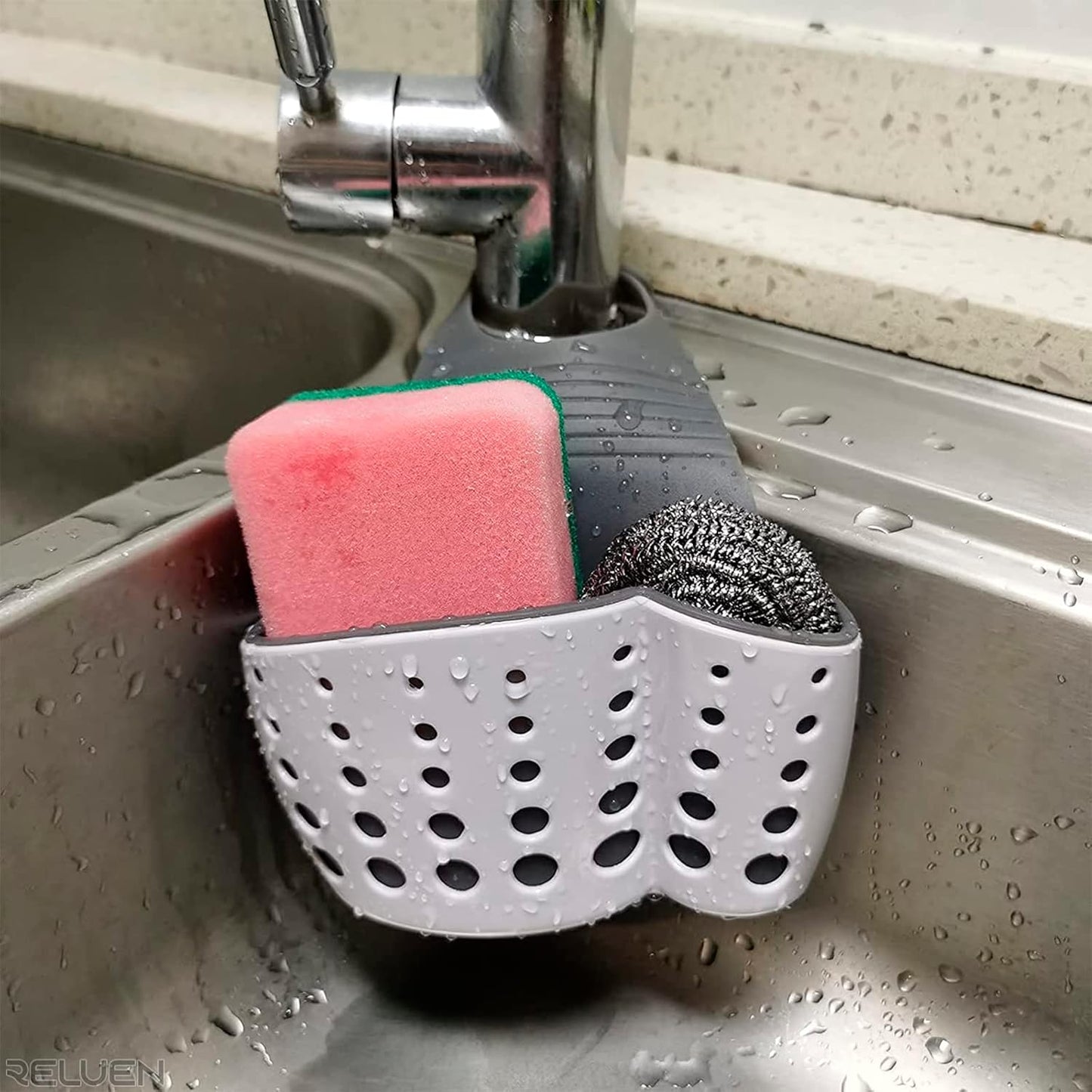 Hanging Sponge Holder for Kitchen Sink, Over Faucet Silicone Caddy | Adjustable Strap Wraps Most Taps While Drain Holes Let Sponges Dry Fast - White Silicone Wipes Clean, No Suction Cups Needed