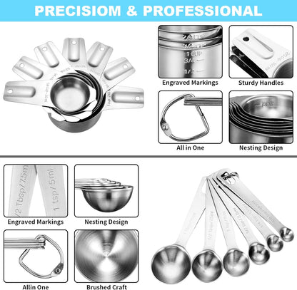 20 PCS Measuring Cups & Spoons Set, for Cooking & Baking Gadgets | 18/10 Stainless Steel, Metal Material | Nesting, Stackable Design | Dry & Liquid | Plastic | Leveler, Conversion Chart