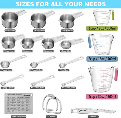 20 PCS Measuring Cups & Spoons Set, for Cooking & Baking Gadgets | 18/10 Stainless Steel, Metal Material | Nesting, Stackable Design | Dry & Liquid | Plastic | Leveler, Conversion Chart