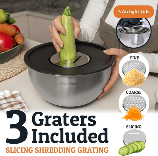Stainless Steel Mixing Bowls with Lids Set, Metal Nesting Bowls with Airtight Lids, Graters, Non-Slip Base & Measurement Marks, Includes Utensil Set for Prep, Baking & Storage, Black