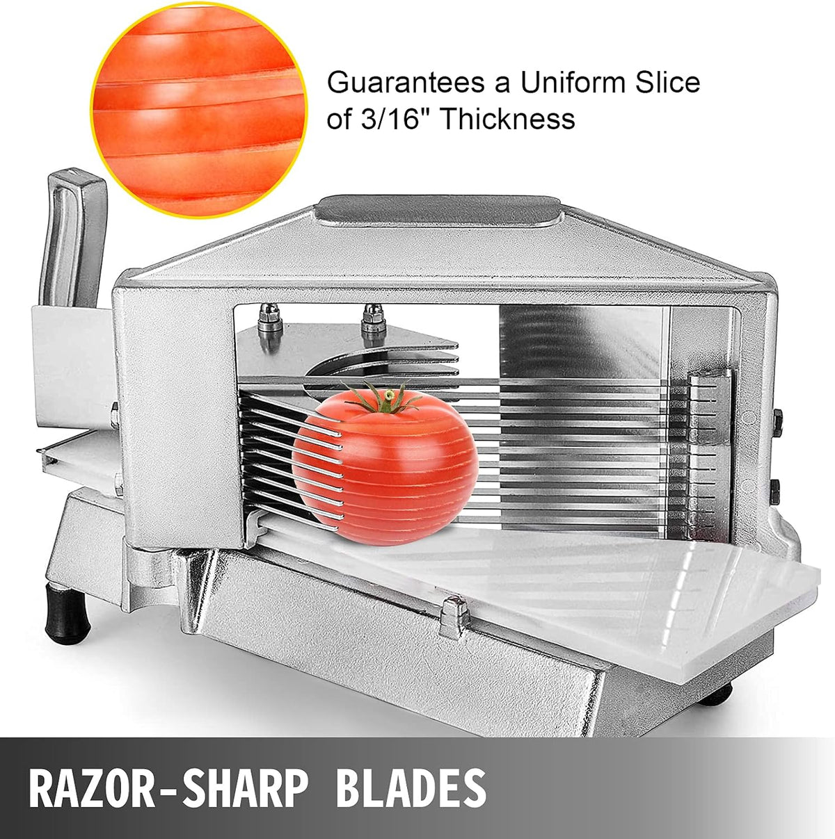 Commercial Tomato Slicer, 3/16-Inch Tomato Cutter Vegetable Slicer, Manual Tomato Cutter with Built-in Cutting Board, Stainless Steel Blades for Restaurant or Home Use
