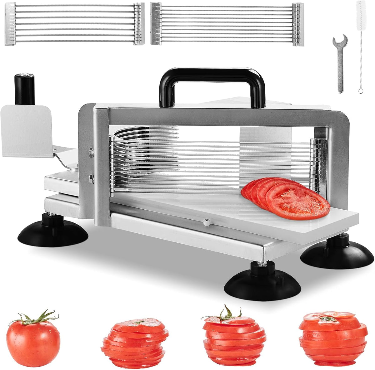 Commercial Tomato Slicer, 3/16-Inch Tomato Cutter Vegetable Slicer, Manual Tomato Cutter with Built-in Cutting Board, Stainless Steel Blades for Restaurant or Home Use