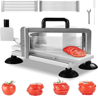 Commercial Tomato Slicer, 3/16-Inch Tomato Cutter Vegetable Slicer, Manual Tomato Cutter with Built-in Cutting Board, Stainless Steel Blades for Restaurant or Home Use