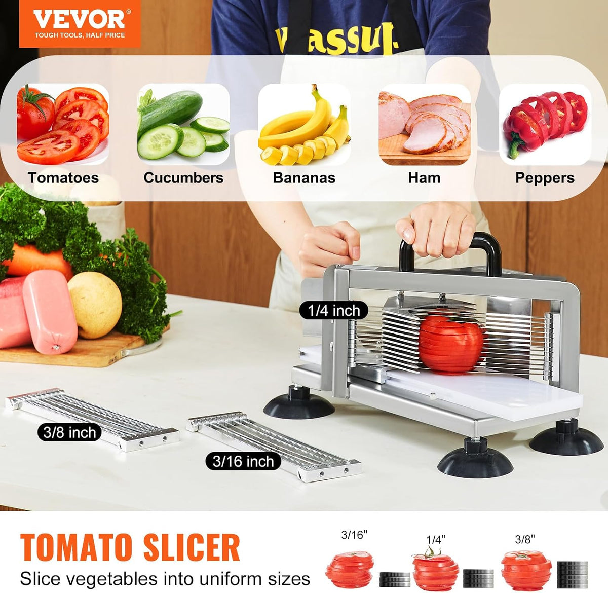 Commercial Tomato Slicer, 3/16-Inch Tomato Cutter Vegetable Slicer, Manual Tomato Cutter with Built-in Cutting Board, Stainless Steel Blades for Restaurant or Home Use
