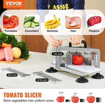 Commercial Tomato Slicer, 3/16-Inch Tomato Cutter Vegetable Slicer, Manual Tomato Cutter with Built-in Cutting Board, Stainless Steel Blades for Restaurant or Home Use