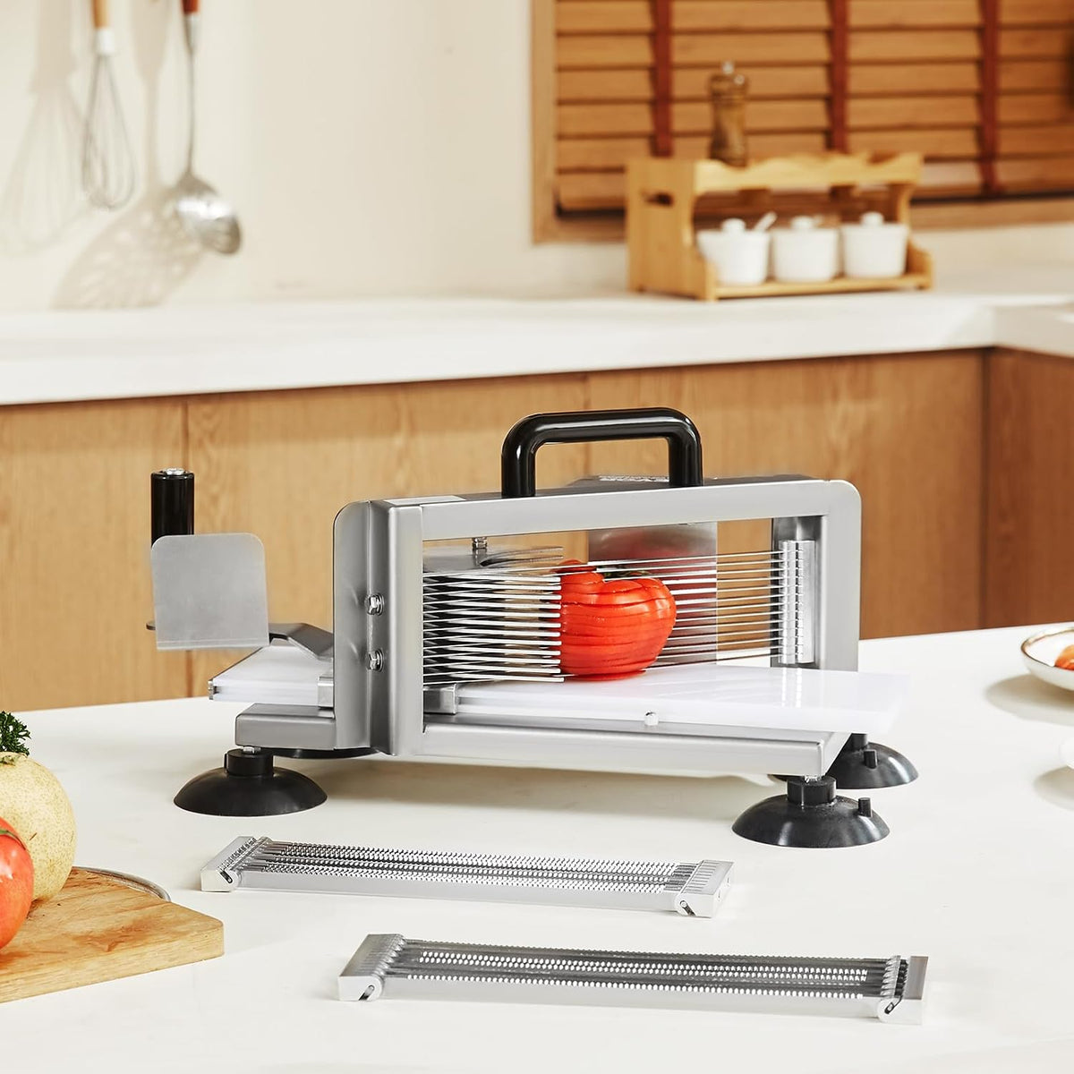 Commercial Tomato Slicer, 3/16-Inch Tomato Cutter Vegetable Slicer, Manual Tomato Cutter with Built-in Cutting Board, Stainless Steel Blades for Restaurant or Home Use