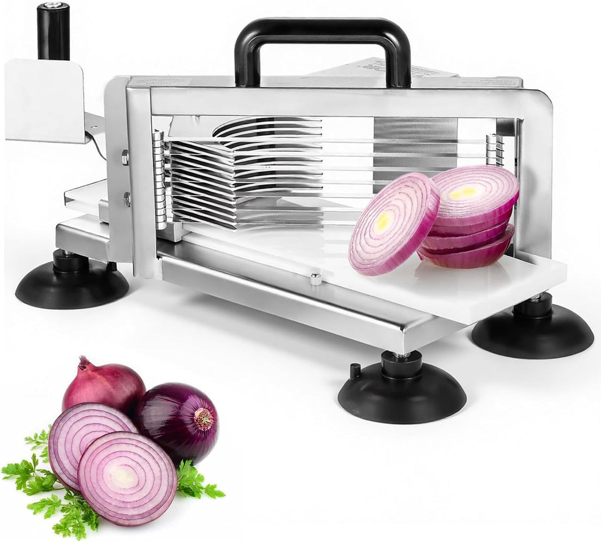 Commercial Tomato Slicer, 3/16-Inch Tomato Cutter Vegetable Slicer, Manual Tomato Cutter with Built-in Cutting Board, Stainless Steel Blades for Restaurant or Home Use
