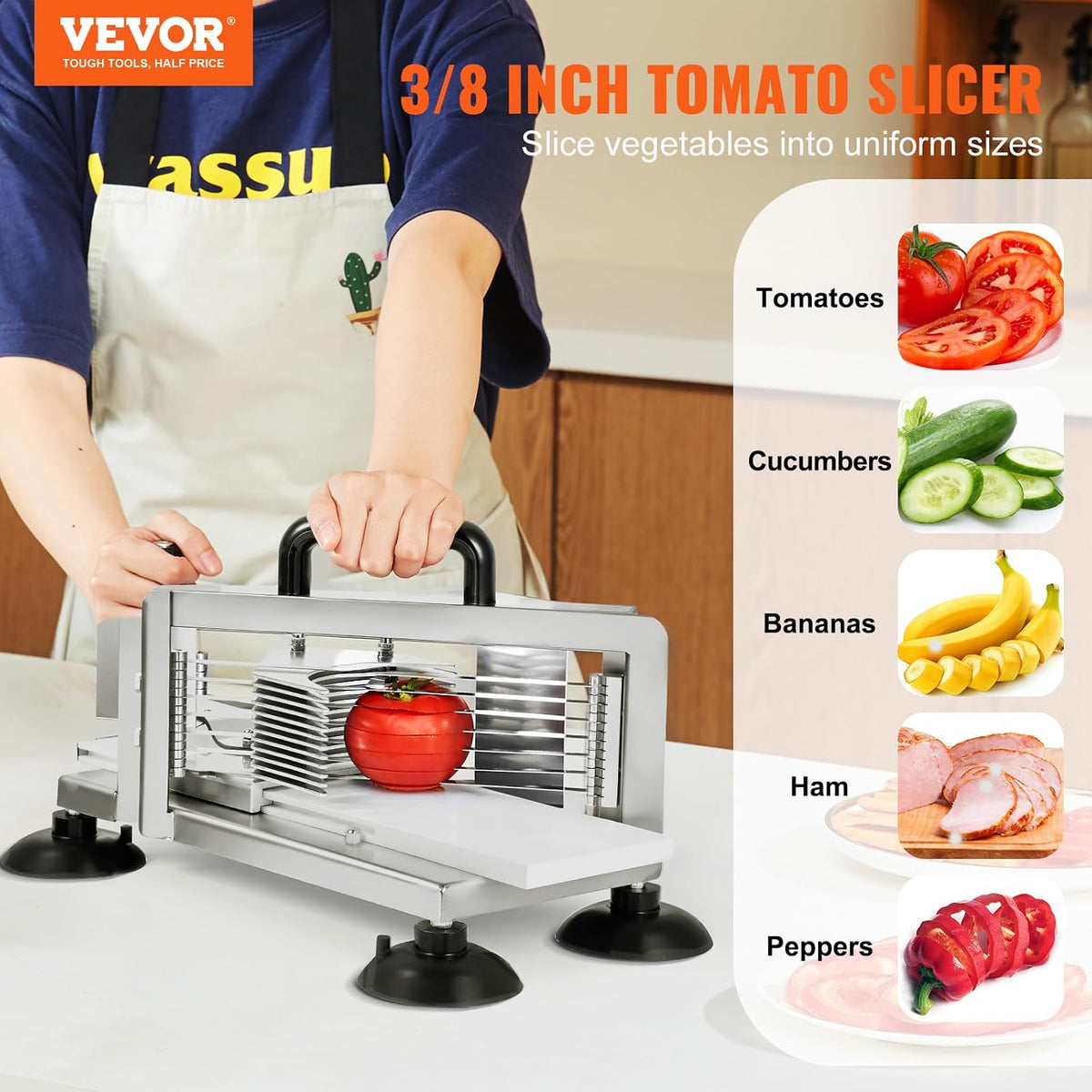 Commercial Tomato Slicer, 3/16-Inch Tomato Cutter Vegetable Slicer, Manual Tomato Cutter with Built-in Cutting Board, Stainless Steel Blades for Restaurant or Home Use