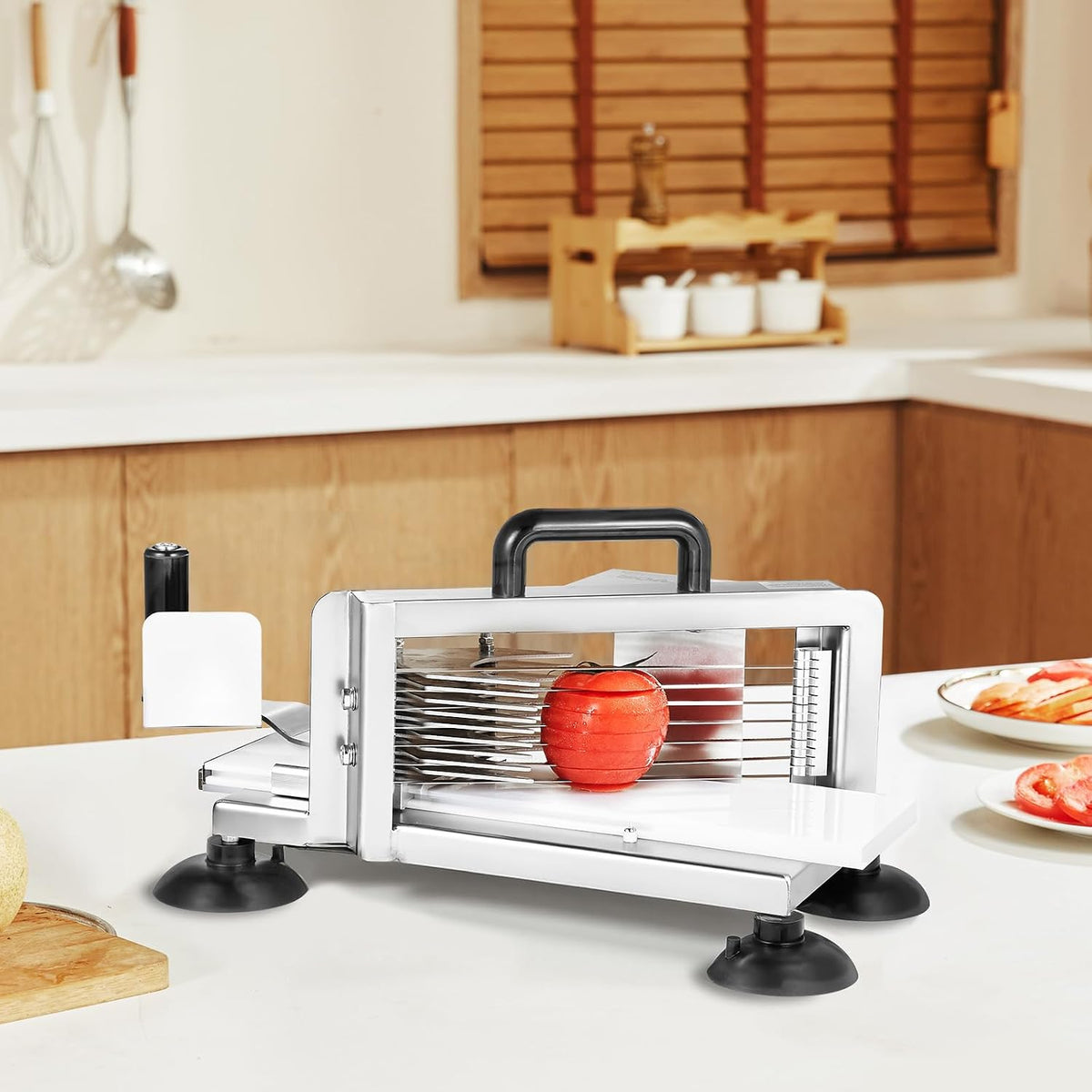 Commercial Tomato Slicer, 3/16-Inch Tomato Cutter Vegetable Slicer, Manual Tomato Cutter with Built-in Cutting Board, Stainless Steel Blades for Restaurant or Home Use