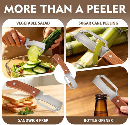 Multifunctional Vegetable Potato Peeler for Kitchen，Wooden-Handled Stainless Steel Sharp Peeler Knife with Built-In Bottle Opener for Veggie, Fruit, Potato, Carrot, Apple Ergo 2PCS