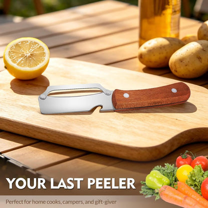 Multifunctional Vegetable Potato Peeler for Kitchen，Wooden-Handled Stainless Steel Sharp Peeler Knife with Built-In Bottle Opener for Veggie, Fruit, Potato, Carrot, Apple Ergo 2PCS