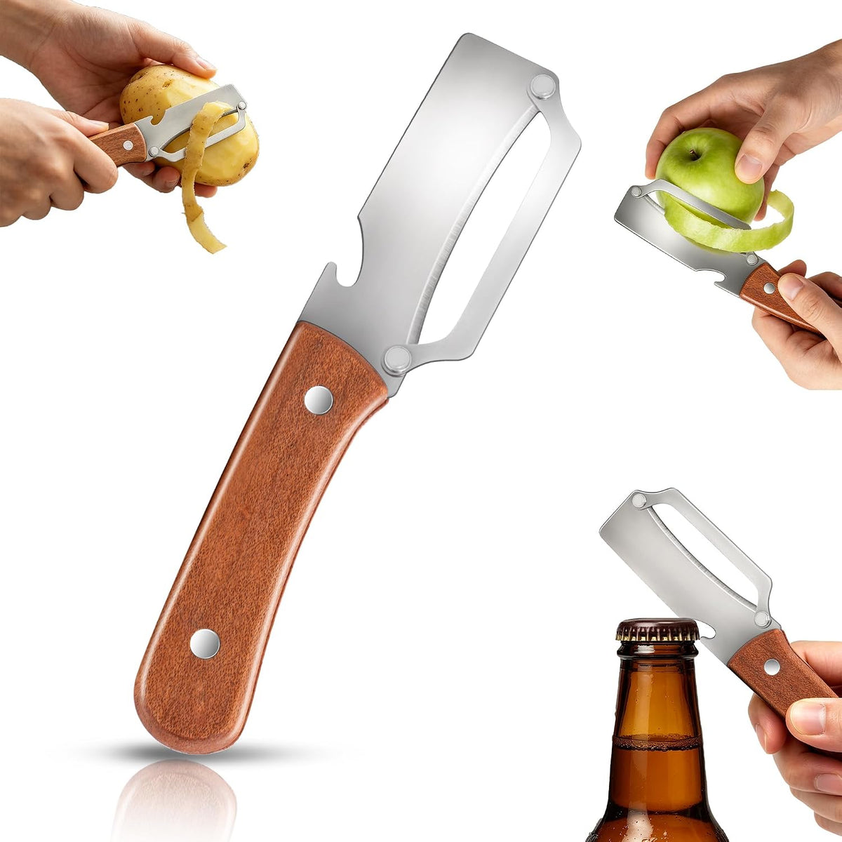 Multifunctional Vegetable Potato Peeler for Kitchen，Wooden-Handled Stainless Steel Sharp Peeler Knife with Built-In Bottle Opener for Veggie, Fruit, Potato, Carrot, Apple Ergo 2PCS