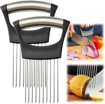 Onion Slice Holder, 2024 New Stainless Steel Holder for Slicing, Chopper Assistant Tool, Cutter for Meat, Onion, Potato, Tomato Kitchen Gadgets (Black)