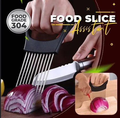 Onion Slice Holder, 2024 New Stainless Steel Holder for Slicing, Chopper Assistant Tool, Cutter for Meat, Onion, Potato, Tomato Kitchen Gadgets (Black)