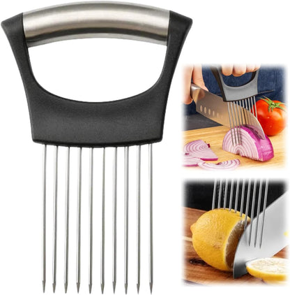 Onion Slice Holder, 2024 New Stainless Steel Holder for Slicing, Chopper Assistant Tool, Cutter for Meat, Onion, Potato, Tomato Kitchen Gadgets (Black)