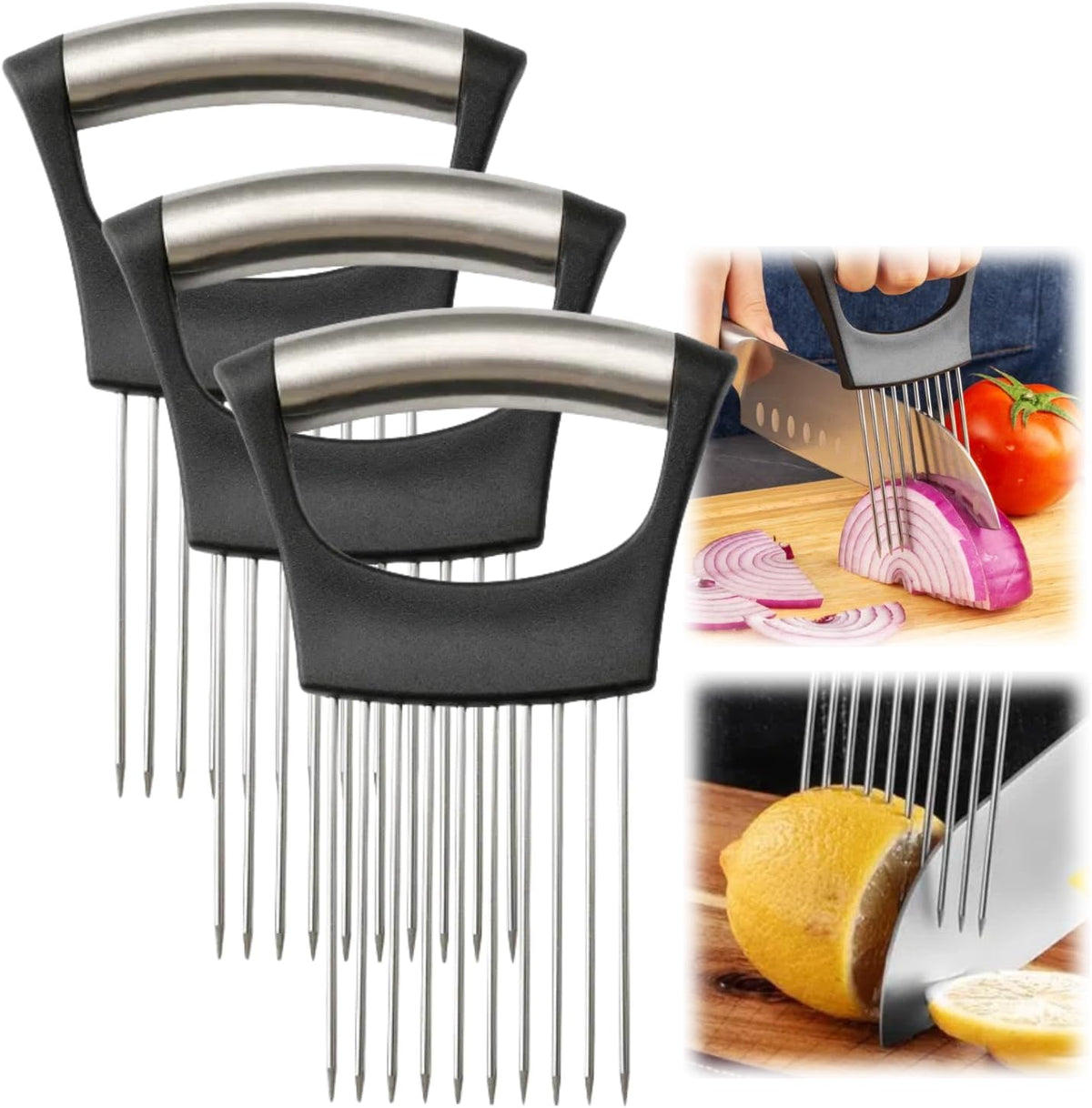 Onion Slice Holder, 2024 New Stainless Steel Holder for Slicing, Chopper Assistant Tool, Cutter for Meat, Onion, Potato, Tomato Kitchen Gadgets (Black)