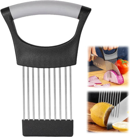 Onion Slice Holder, 2024 New Stainless Steel Holder for Slicing, Chopper Assistant Tool, Cutter for Meat, Onion, Potato, Tomato Kitchen Gadgets (Black)